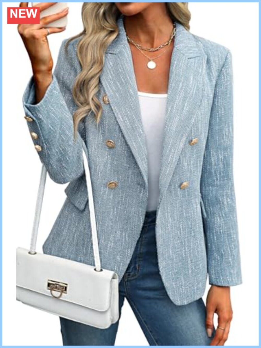 Tweed Blazer Women Business Casual Double-Breasted Notch Collar Long Sleeve
